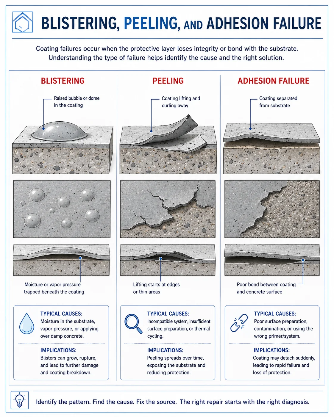 Illustrated comparison of coating blistering, peeling, and adhesion failure on a concrete substrate.