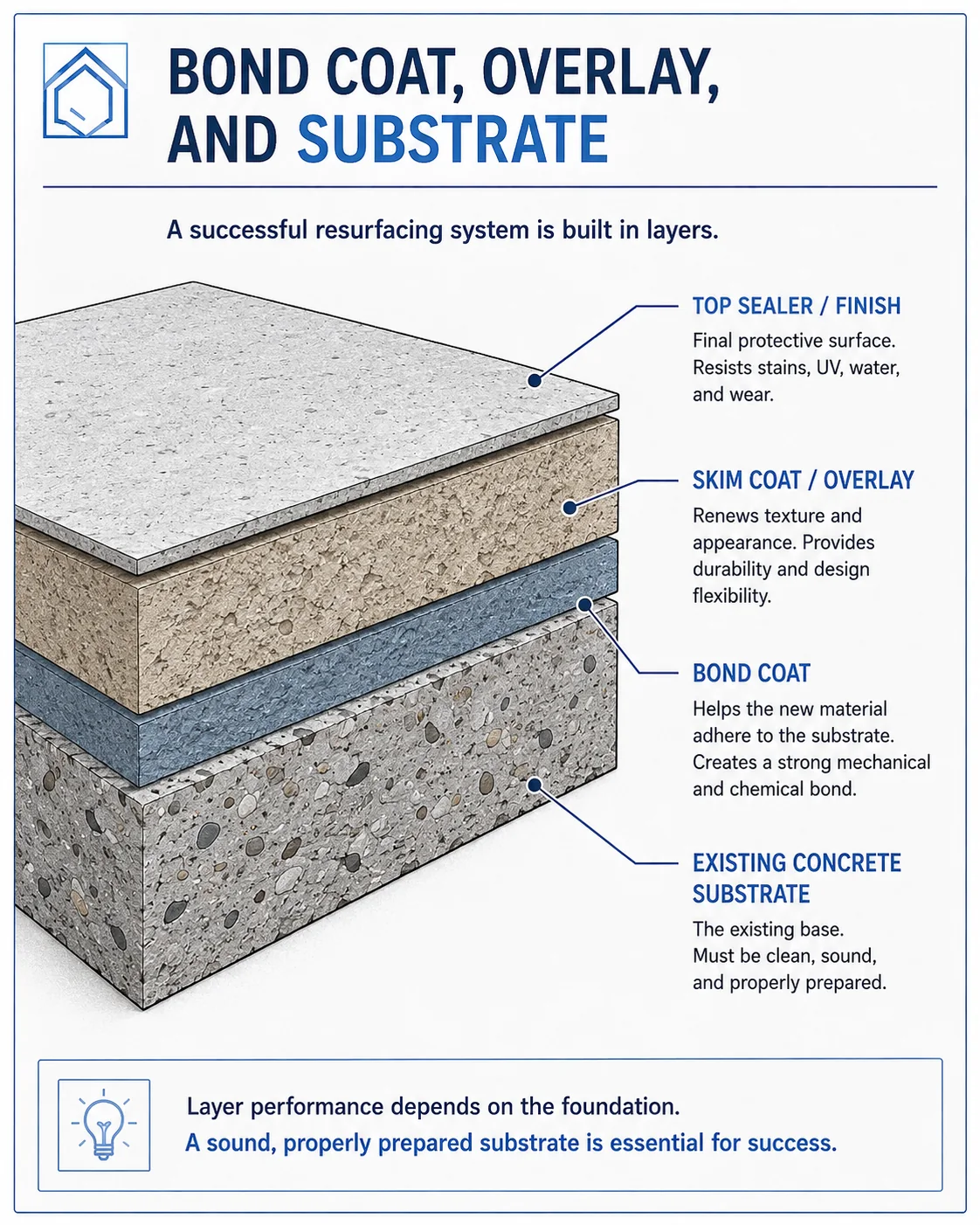 Conceptual layered diagram of an existing concrete substrate, bond coat, resurfacing overlay or skim coat, and protective top sealer or finish.