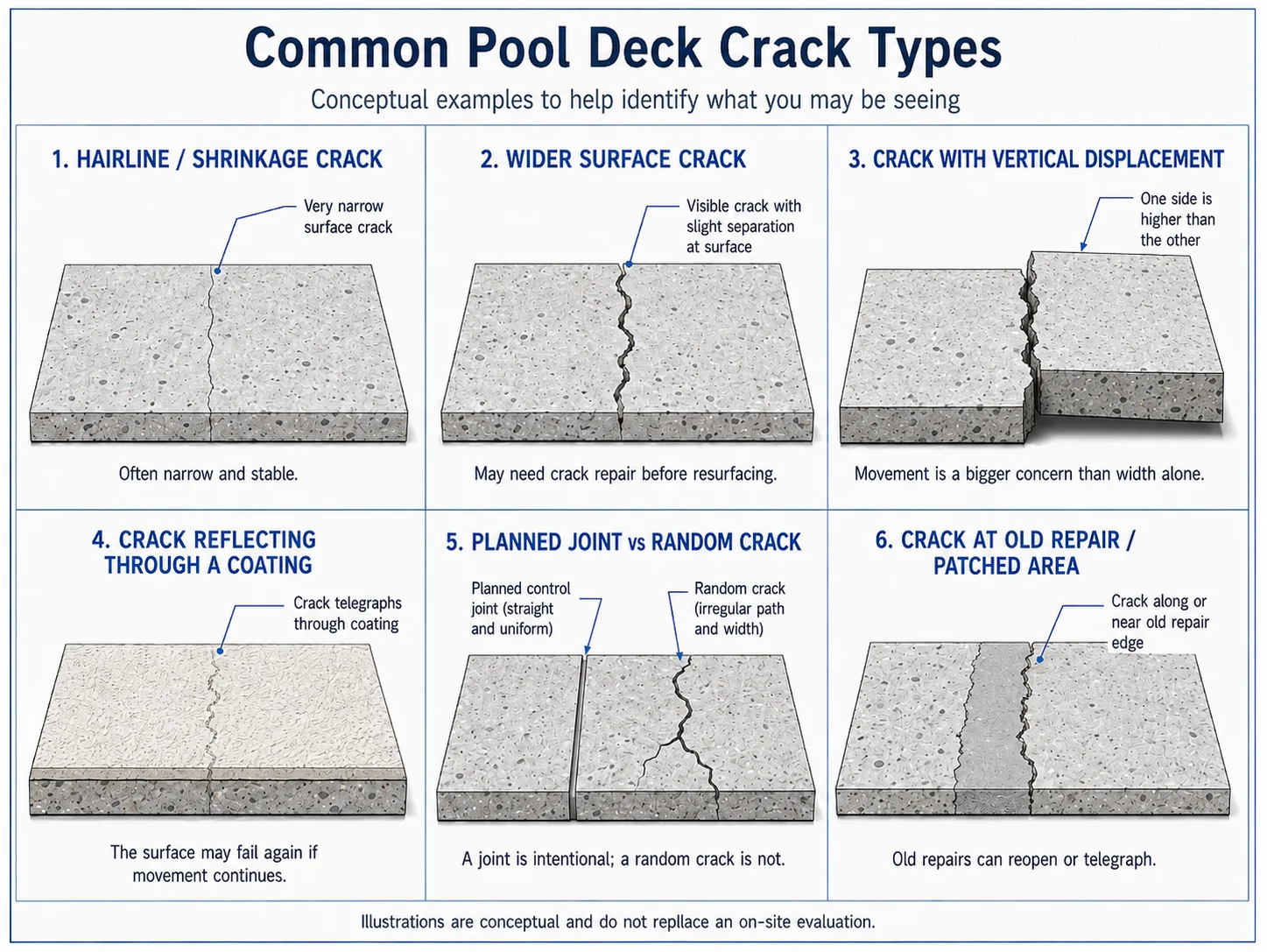 Illustrated comparison of six common pool deck crack conditions: hairline shrinkage crack, wider surface crack, vertical displacement, crack reflecting through a coating, planned joint versus random crack, and crack at an old repair.
