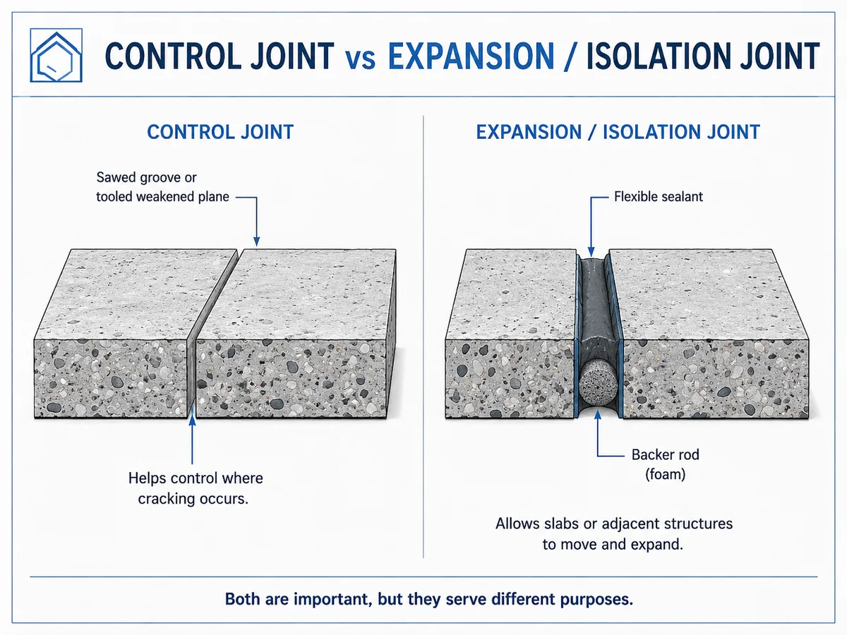 Diagram comparing a concrete control joint with an expansion or isolation joint containing flexible sealant and backer rod.