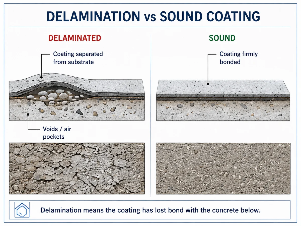 Cross-section diagram comparing a delaminated coating separated from concrete with a sound coating firmly bonded to the substrate.