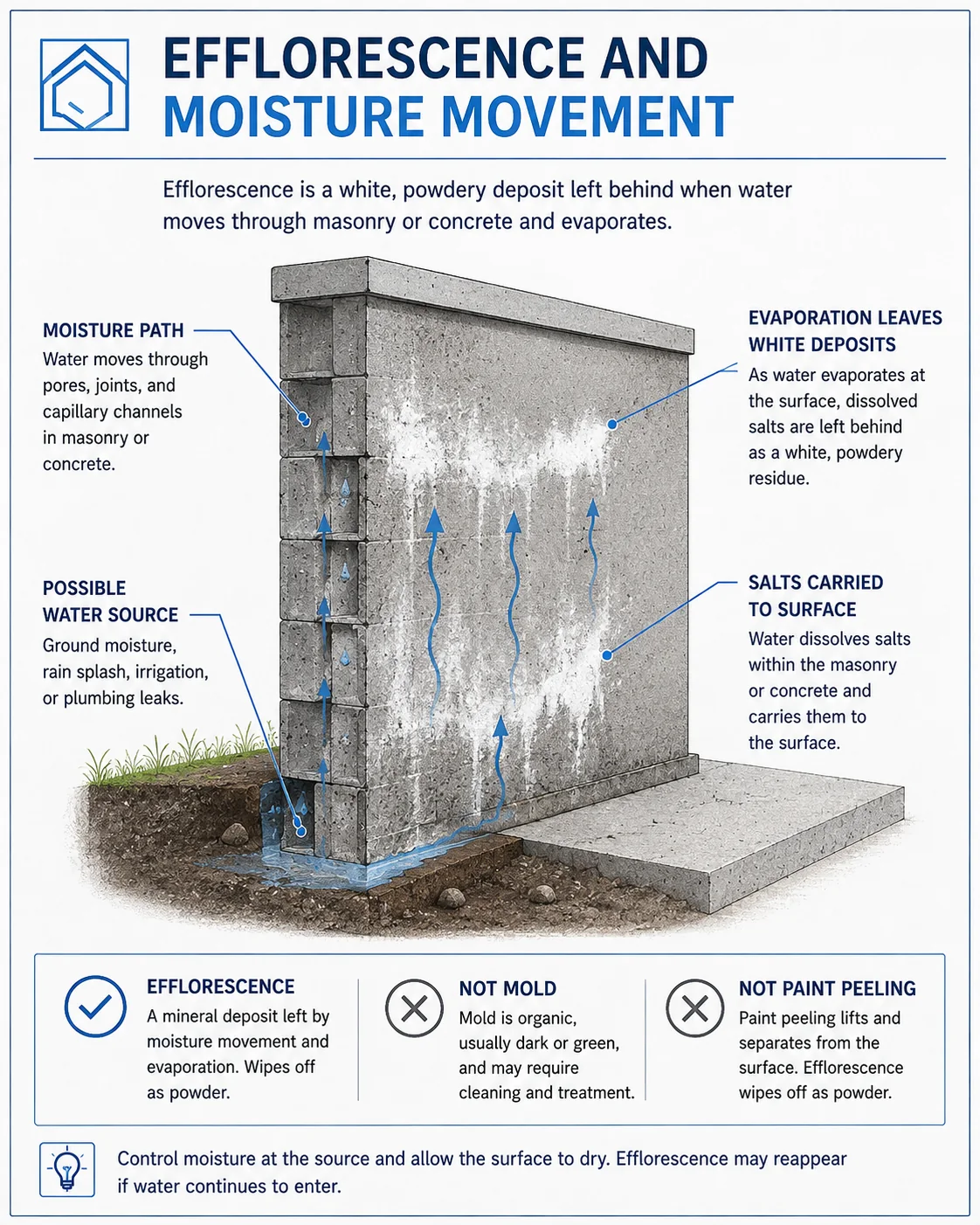 Diagram showing moisture moving through concrete or masonry, carrying dissolved salts to the surface where evaporation can leave white efflorescence deposits.