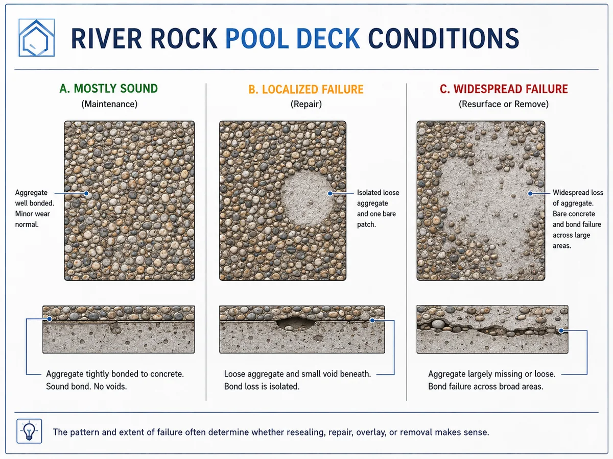 Diagram comparing mostly sound, localized failure, and widespread failure conditions in an epoxy river-rock or Chattahoochee pool deck.