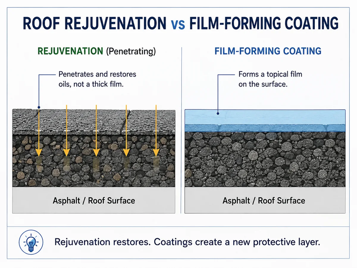 Conceptual cross-section comparing a penetrating asphalt-shingle rejuvenation treatment with a film-forming roof coating.