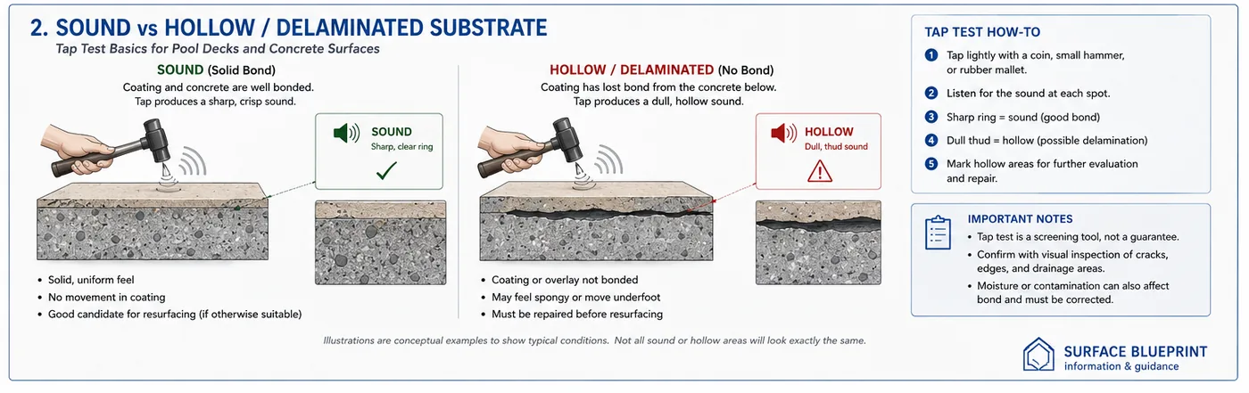 Tap-test illustration comparing a sound, well-bonded pool-deck or concrete surface with a hollow or delaminated area containing a void or loss of bond beneath the surface.