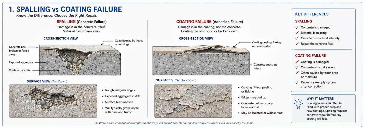 Illustrated comparison of concrete spalling, where concrete itself has broken away, and coating failure, where the coating has peeled or lost adhesion while the concrete may remain sound.