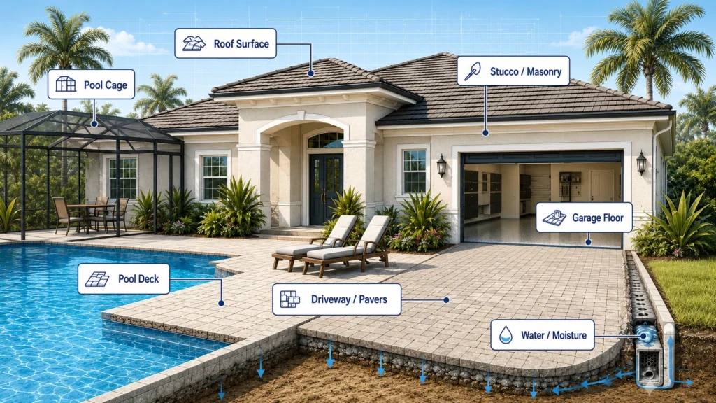 Illustrated Florida home showing pool cage, roof surface, stucco and masonry, open garage with coated garage floor, pool deck, driveway and pavers, and water-moisture management areas.